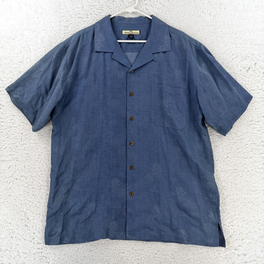 Tommy Bahama Shirt Mens Large Blue Palm Hawaiian Silk Button Up Jacquard Aloha